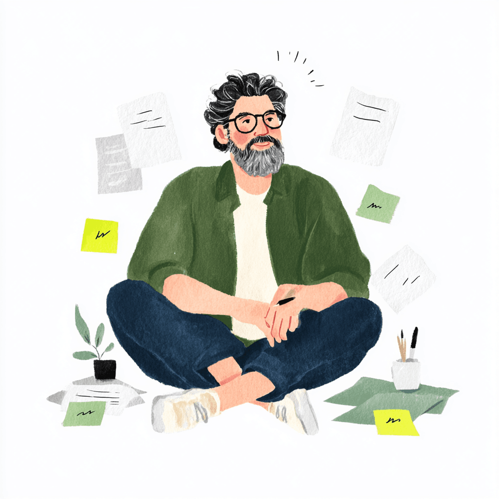 Carlos seduto a gambe incrociate tra fogli e post-it, penna in mano