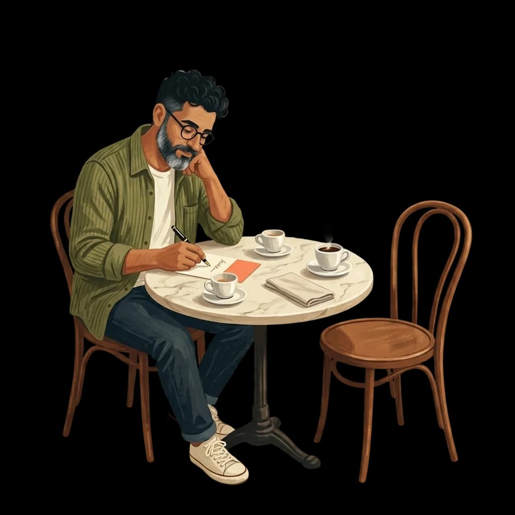 Carlos a un tavolino da caffè con una sedia vuota di fronte